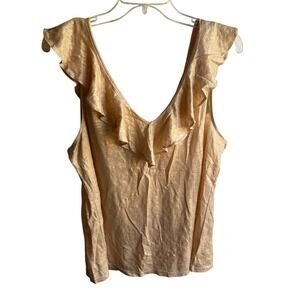 NEW $68 Lilly Puliter Alessa 100% Linen Gold Metallic Ruffle Sleeveless Top XL